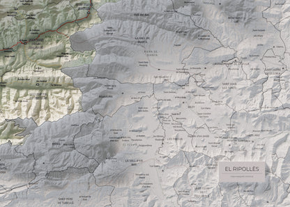 Mapa de relleu del Ripollès, amb el territori en color i l’entorn en blanc. Detall de la part inferior dreta. 50 × 70 cm. Estil Cartogràfic.