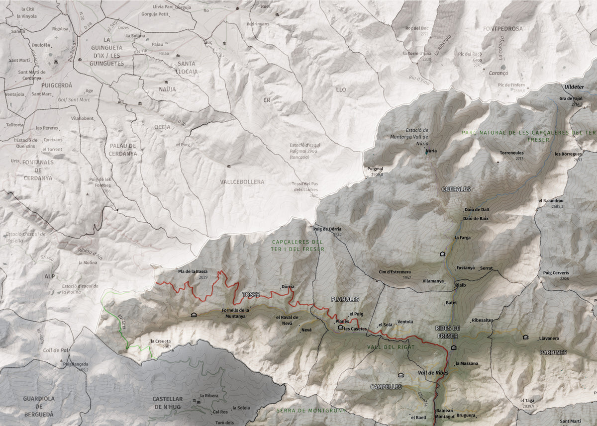 Mapa de relleu del Ripollès, amb el territori en color i l’entorn en blanc. Detall de la part superior esquerra. 50 × 70 cm. Estil Cartogràfic.
