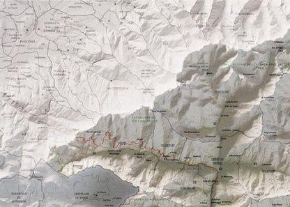 Mapa de relleu del Ripollès, amb el territori en color i l’entorn en blanc. Detall de la part superior esquerra. 50 × 70 cm. Estil Cartogràfic.