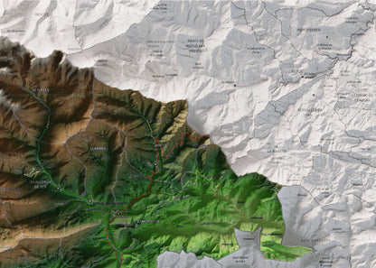 Mapa de relleu del Ripollès, amb el territori en color i l’entorn en blanc. Detall de la part superior dreta. 50 × 70 cm. Estil Clàssic.