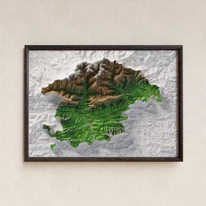 Mapa de relleu del Ripollès, amb el territori en color i l’entorn en blanc. Presentació amb marc. 50 × 70 cm. Estil Clàssic.
