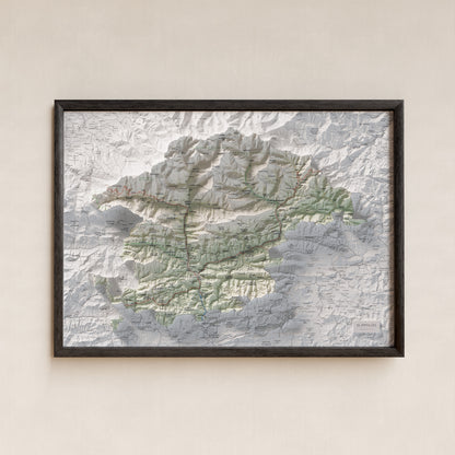 Mapa de relleu del Ripollès, amb el territori en color i l’entorn en blanc. Presentació amb marc. 50 × 70 cm. Estil Cartogràfic.