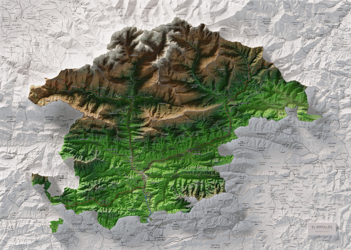 Mapa de relleu del Ripollès, amb el territori en color i l’entorn en blanc. Vista completa de la làmina. 50 × 70 cm. Estil Clàssic.