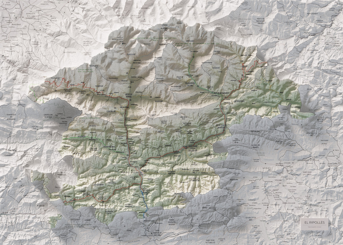 Mapa de relleu del Ripollès, amb el territori en color i l’entorn en blanc. Vista completa de la làmina. 50 × 70 cm. Estil Cartogràfic.
