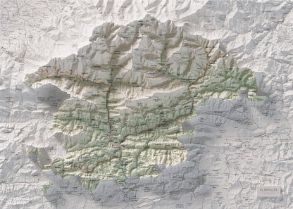 Mapa de relleu del Ripollès, amb el territori en color i l’entorn en blanc. Vista completa de la làmina. 50 × 70 cm. Estil Cartogràfic.