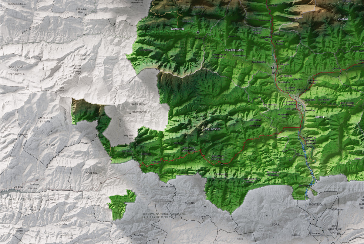 Mapa de relleu del Ripollès, amb el territori en color i l’entorn en blanc. Detall de la part inferior esquerra. 61 × 91 cm. Estil Clàssic.