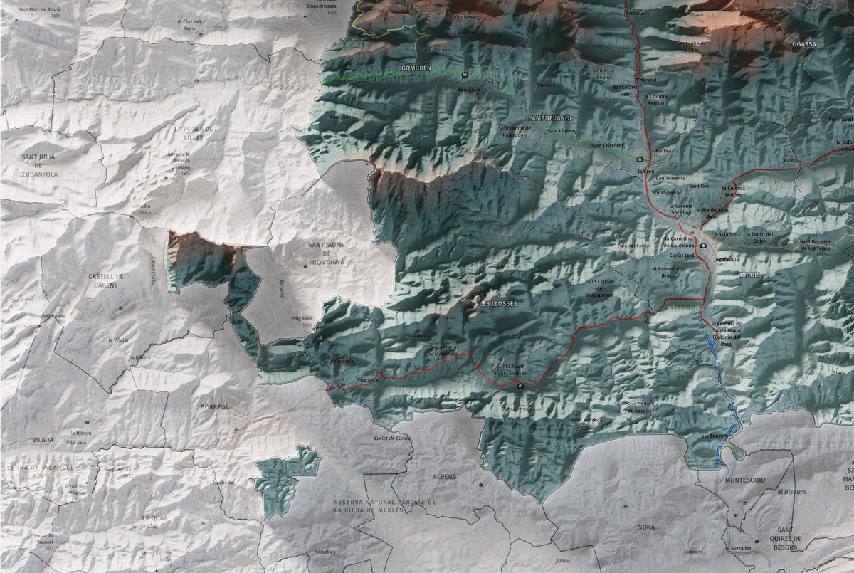 Mapa de relleu del Ripollès, amb el territori en color i l’entorn en blanc. Detall de la part inferior esquerra. 61 × 91 cm. Estil Blau i taronja.