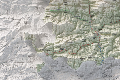 Mapa de relleu del Ripollès, amb el territori en color i l’entorn en blanc. Detall de la part inferior esquerra. 61 × 91 cm. Estil Cartogràfic.