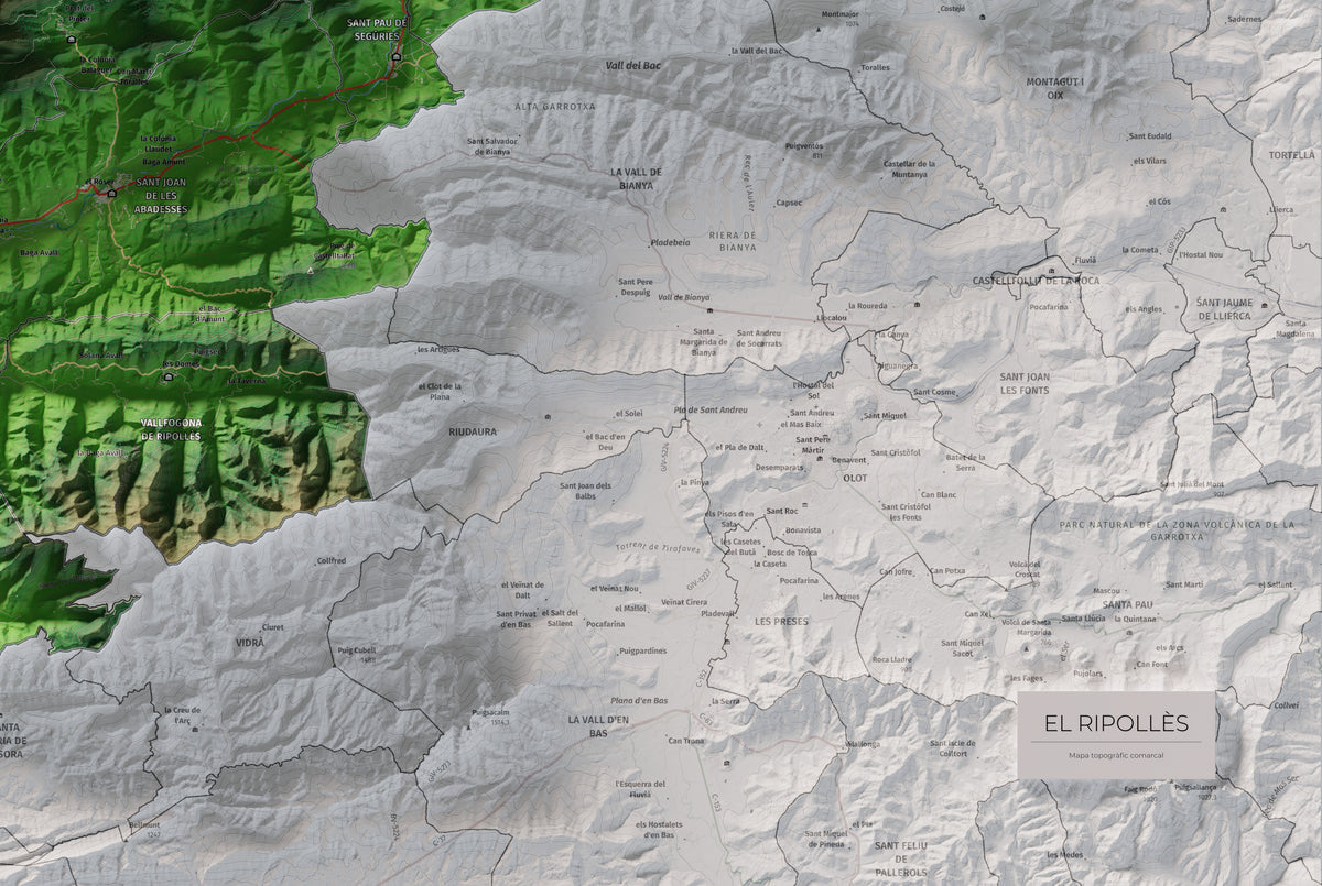 Mapa de relleu del Ripollès, amb el territori en color i l’entorn en blanc. Detall de la part inferior dreta. 61 × 91 cm. Estil Clàssic.