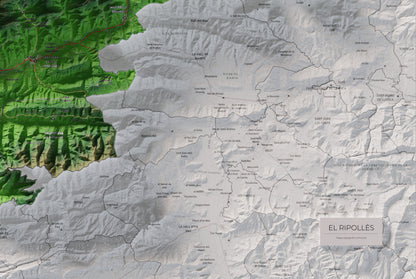 Mapa de relleu del Ripollès, amb el territori en color i l’entorn en blanc. Detall de la part inferior dreta. 61 × 91 cm. Estil Clàssic.