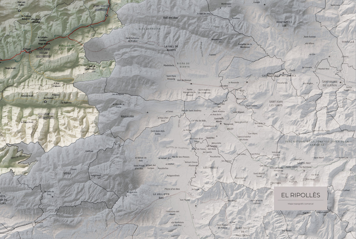 Mapa de relleu del Ripollès, amb el territori en color i l’entorn en blanc. Detall de la part inferior dreta. 61 × 91 cm. Estil Cartogràfic.