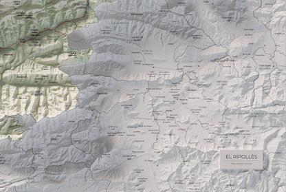 Mapa de relleu del Ripollès, amb el territori en color i l’entorn en blanc. Detall de la part inferior dreta. 61 × 91 cm. Estil Cartogràfic.