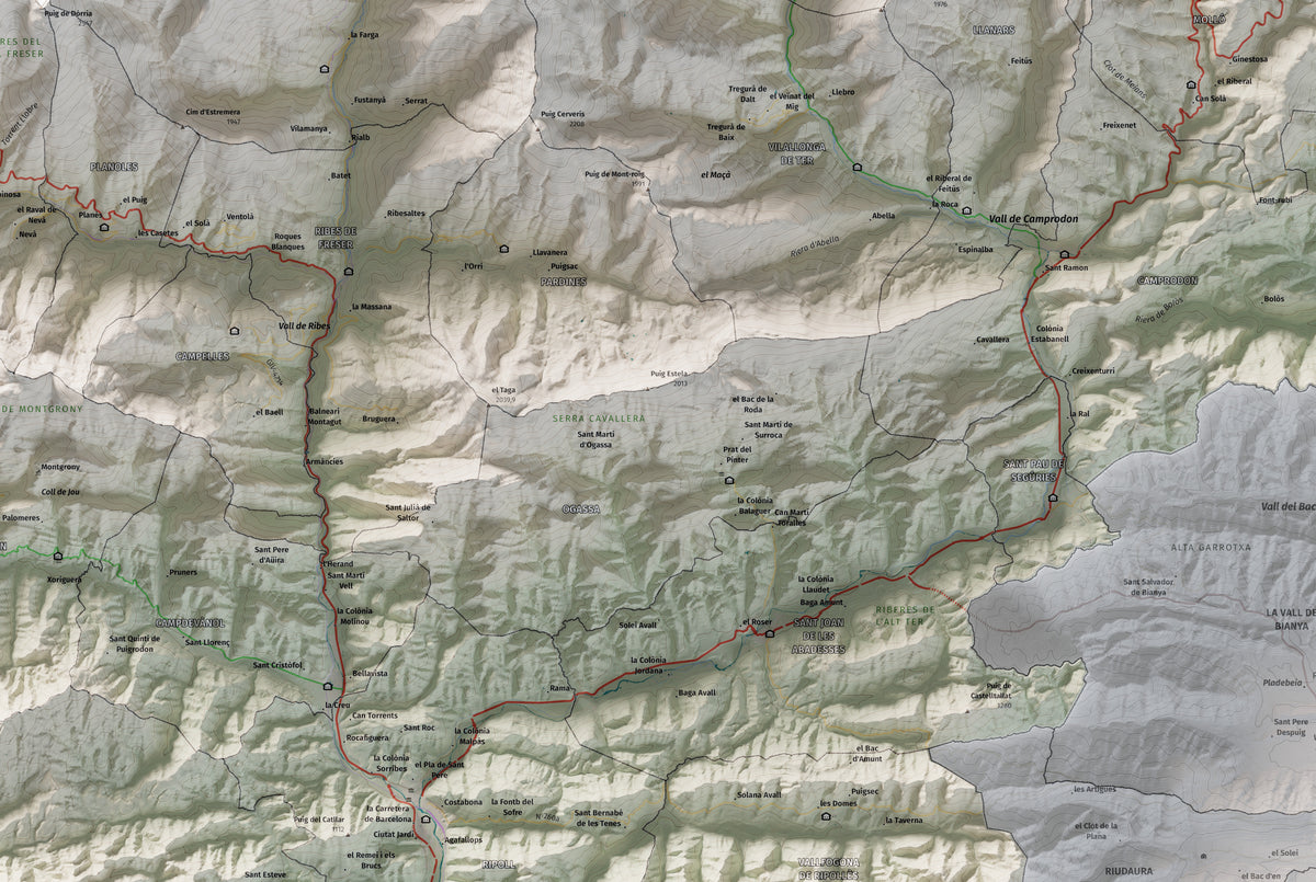 Mapa de relleu del Ripollès, amb el territori en color i l’entorn en blanc. Detall de la part central. 61 × 91 cm. Estil Cartogràfic.