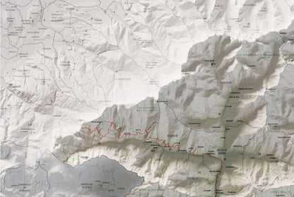 Mapa de relleu del Ripollès, amb el territori en color i l’entorn en blanc. Detall de la part superior esquerra. 61 × 91 cm. Estil Cartogràfic.