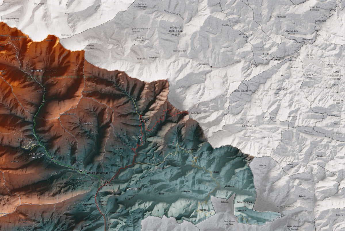 Mapa de relleu del Ripollès, amb el territori en color i l’entorn en blanc. Detall de la part superior dreta. 61 × 91 cm. Estil Blau i taronja.