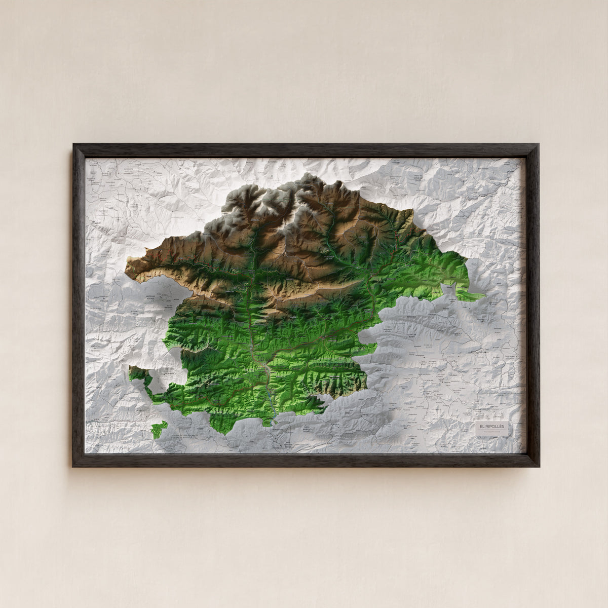 Mapa de relleu del Ripollès, amb el territori en color i l’entorn en blanc. Presentació amb marc. 61 × 91 cm. Estil Clàssic.