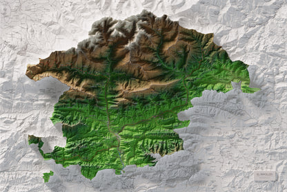 Mapa de relleu del Ripollès, amb el territori en color i l’entorn en blanc. Vista completa de la làmina. 61 × 91 cm. Estil Clàssic.