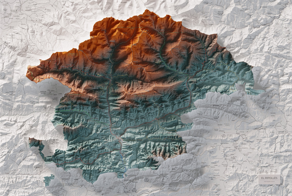 Mapa de relleu del Ripollès, amb el territori en color i l’entorn en blanc. Vista completa de la làmina. 61 × 91 cm. Estil Blau i taronja.
