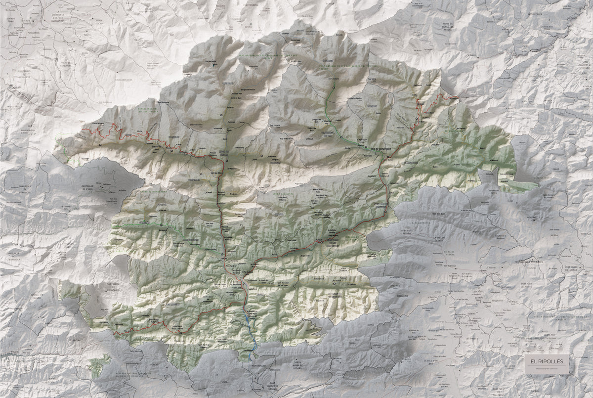 Mapa de relleu del Ripollès, amb el territori en color i l’entorn en blanc. Vista completa de la làmina. 61 × 91 cm. Estil Cartogràfic.
