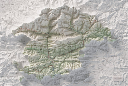 Mapa de relleu del Ripollès, amb el territori en color i l’entorn en blanc. Vista completa de la làmina. 61 × 91 cm. Estil Cartogràfic.