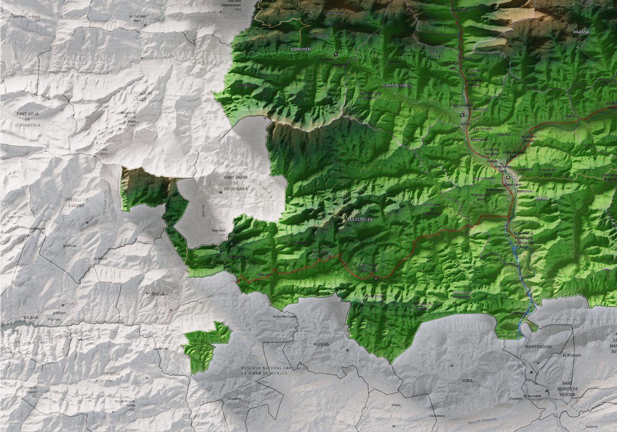 Mapa de relleu del Ripollès, amb el territori en color i l’entorn en blanc. Detall de la part inferior esquerra. 70 × 100 cm. Estil Clàssic.