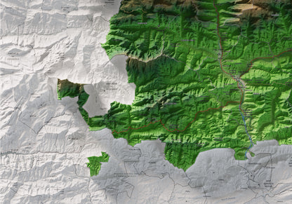 Mapa de relleu del Ripollès, amb el territori en color i l’entorn en blanc. Detall de la part inferior esquerra. 70 × 100 cm. Estil Clàssic.