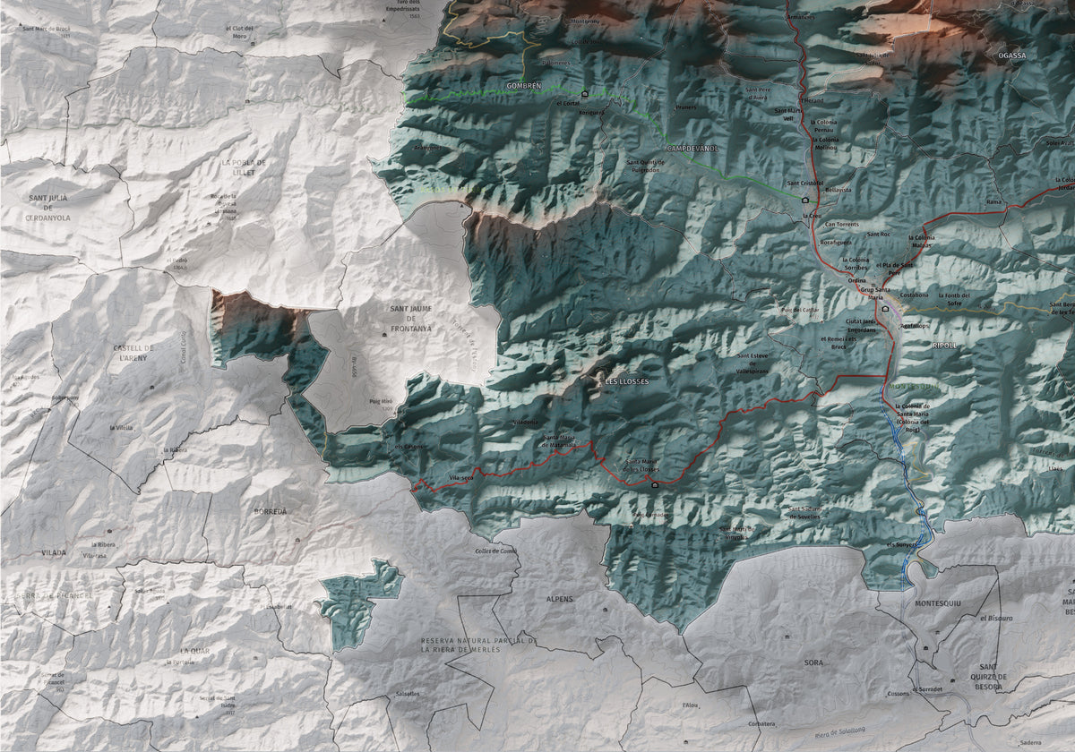 Mapa de relleu del Ripollès, amb el territori en color i l’entorn en blanc. Detall de la part inferior esquerra. 70 × 100 cm. Estil Blau i taronja.
