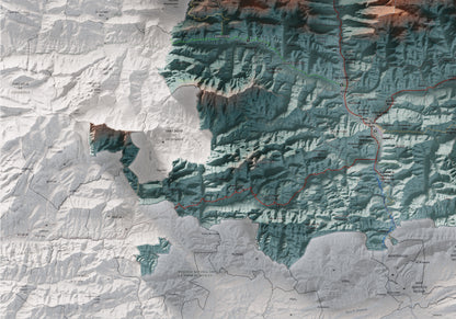Mapa de relleu del Ripollès, amb el territori en color i l’entorn en blanc. Detall de la part inferior esquerra. 70 × 100 cm. Estil Blau i taronja.