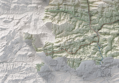 Mapa de relleu del Ripollès, amb el territori en color i l’entorn en blanc. Detall de la part inferior esquerra. 70 × 100 cm. Estil Cartogràfic.