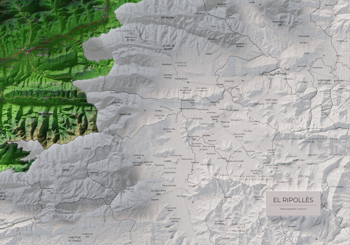 Mapa de relleu del Ripollès, amb el territori en color i l’entorn en blanc. Detall de la part inferior dreta. 70 × 100 cm. Estil Clàssic.