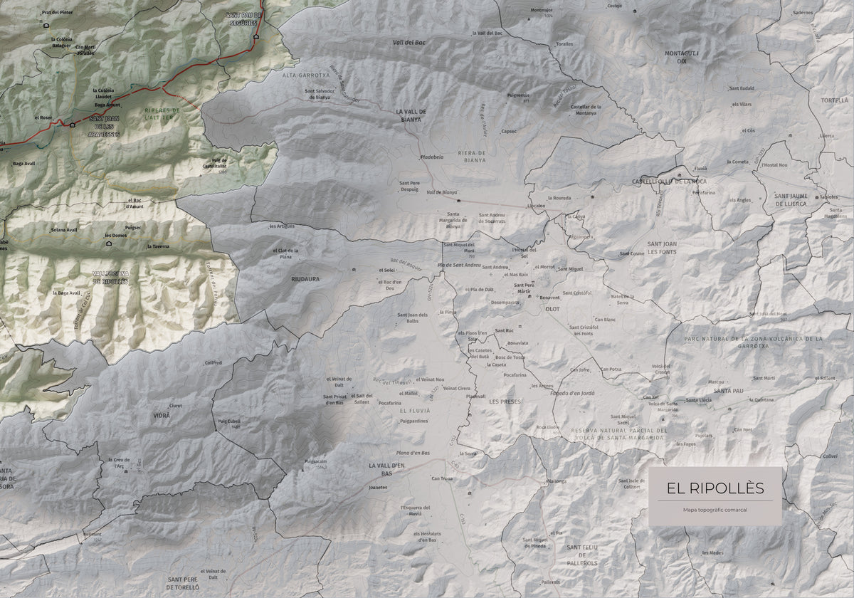 Mapa de relleu del Ripollès, amb el territori en color i l’entorn en blanc. Detall de la part inferior dreta. 70 × 100 cm. Estil Cartogràfic.