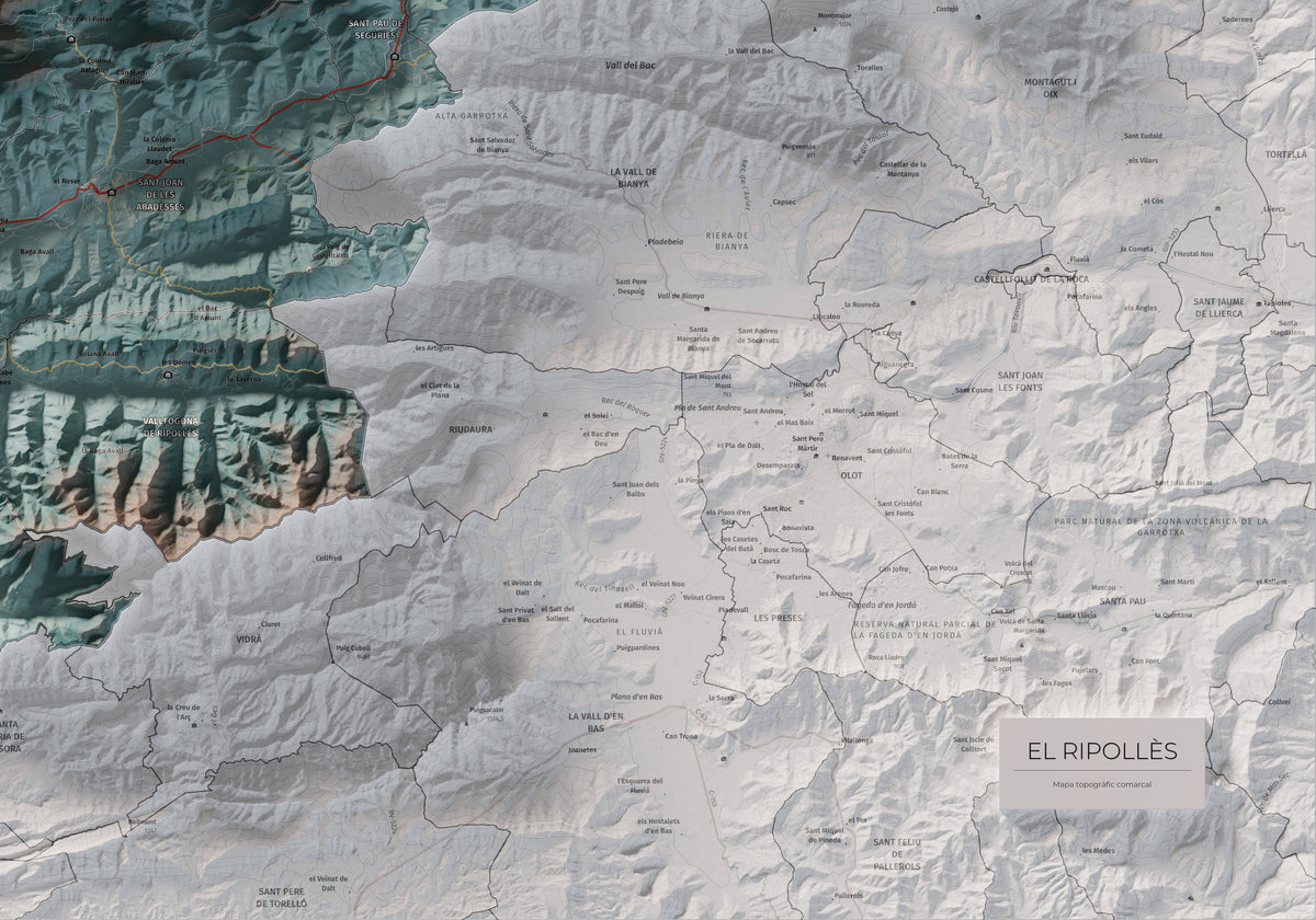Mapa de relleu del Ripollès, amb el territori en color i l’entorn en blanc. Detall de la part inferior dreta. 70 × 100 cm. Estil Blau i taronja.