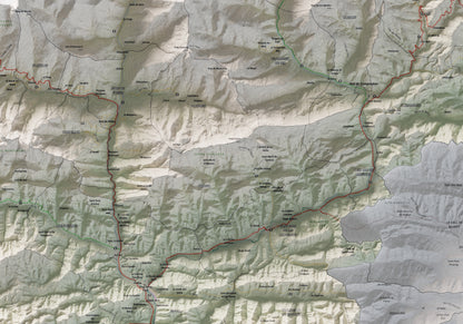 Mapa de relleu del Ripollès, amb el territori en color i l’entorn en blanc. Detall de la part central. 70 × 100 cm. Estil Cartogràfic.