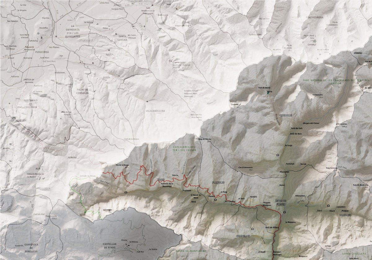 Mapa de relleu del Ripollès, amb el territori en color i l’entorn en blanc. Detall de la part superior esquerra. 70 × 100 cm. Estil Cartogràfic.