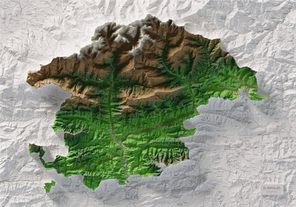Mapa de relleu del Ripollès, amb el territori en color i l’entorn en blanc. Vista completa de la làmina. 70 × 100 cm. Estil Clàssic.