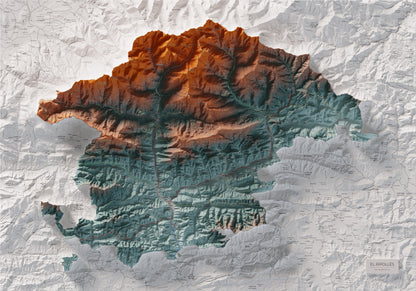 Mapa de relleu del Ripollès, amb el territori en color i l’entorn en blanc. Vista completa de la làmina. 70 × 100 cm. Estil Blau i taronja.