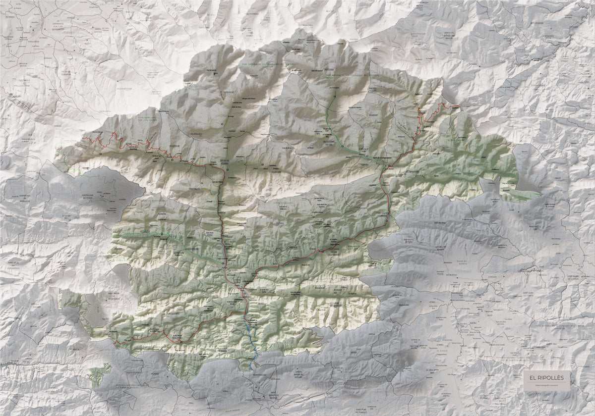 Mapa de relleu del Ripollès, amb el territori en color i l’entorn en blanc. Vista completa de la làmina. 70 × 100 cm. Estil Cartogràfic.