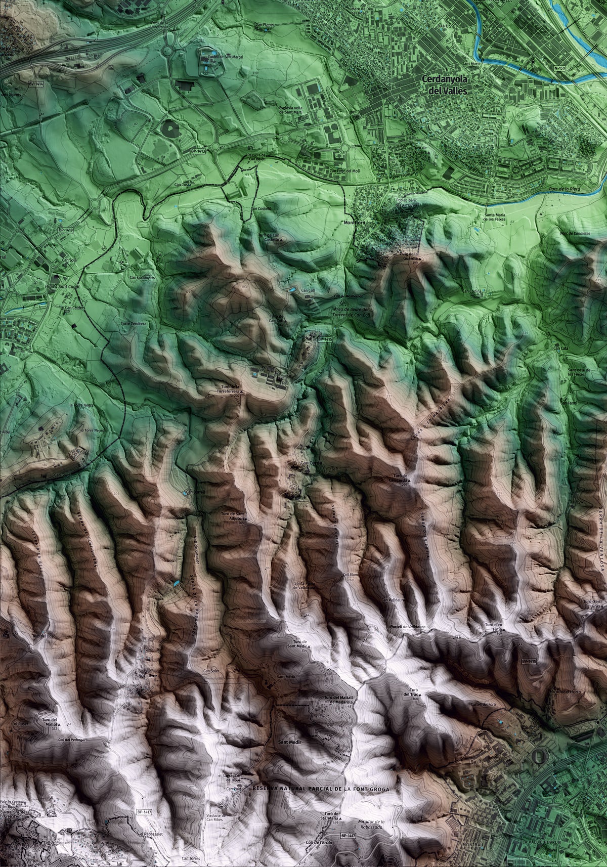 Mapa artístico del relieve de Ripollet, al Vallès Occidental, con 15 km de entorno y base topográfica ICGC. Detalle de la zona inferior izquierda.