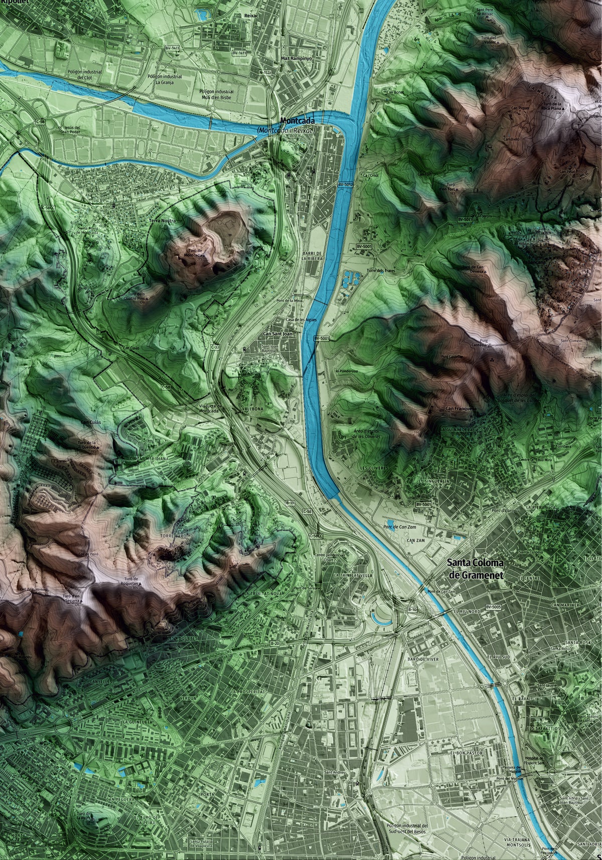 Mapa artístico del relieve de Ripollet, al Vallès Occidental, con 15 km de entorno y base topográfica ICGC. Detalle de la zona inferior derecha.