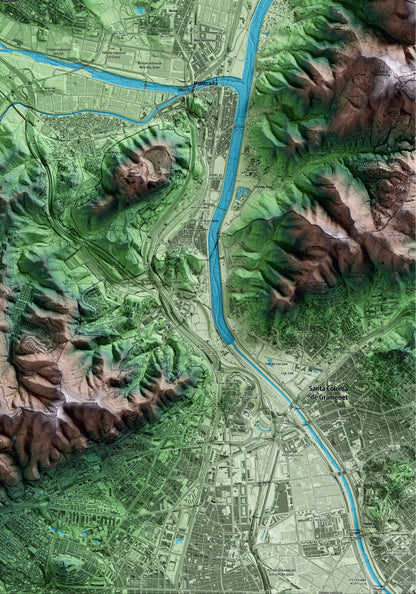 Mapa artístico del relieve de Ripollet, al Vallès Occidental, con 15 km de entorno y base topográfica ICGC. Detalle de la zona inferior derecha.