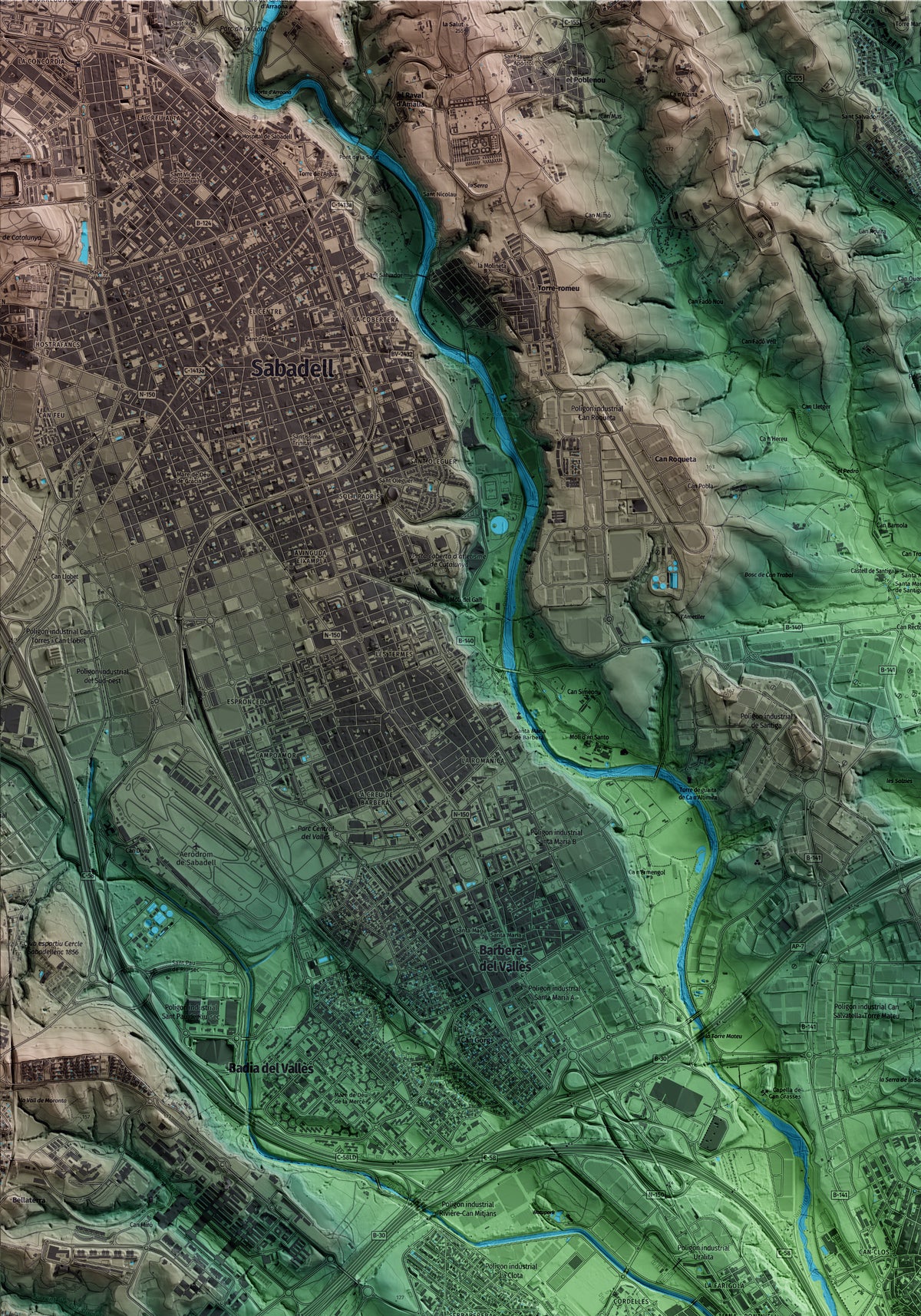 Mapa artístico del relieve de Ripollet, al Vallès Occidental, con 15 km de entorno y base topográfica ICGC. Detalle de la zona superior izquierda.