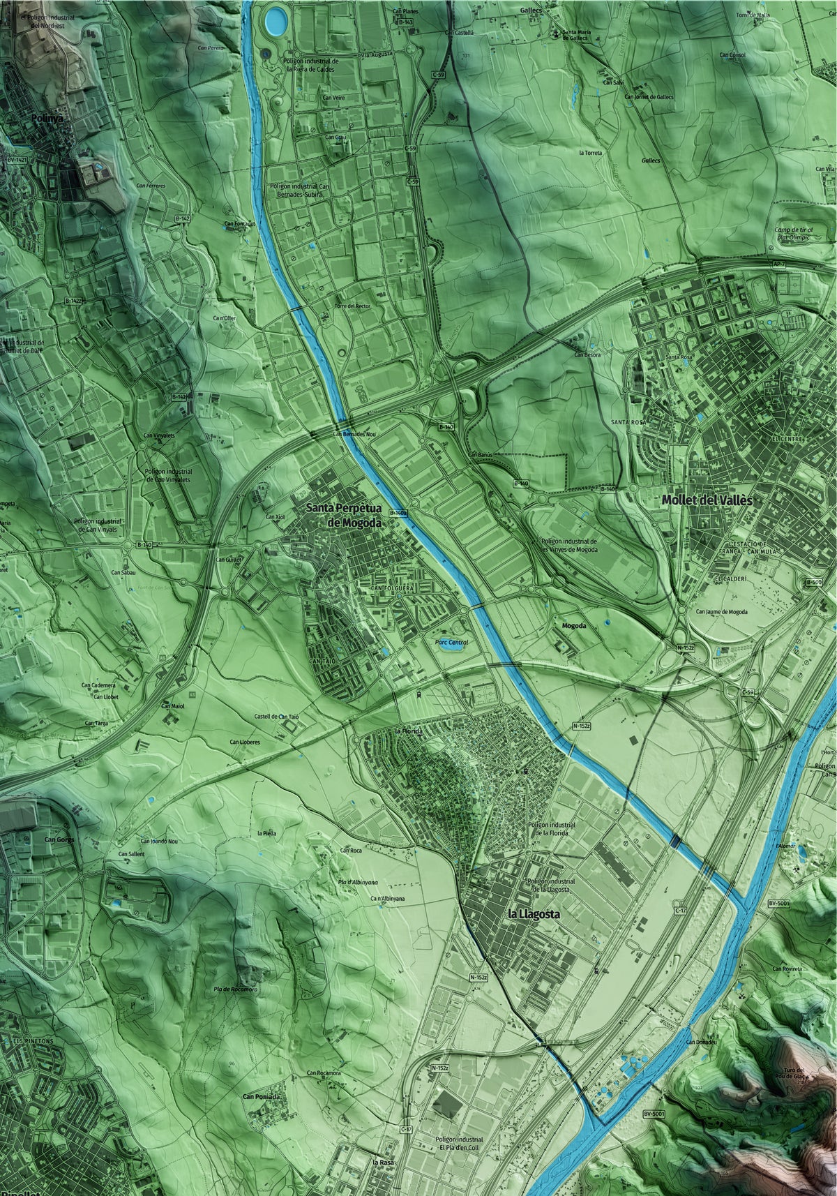 Mapa artístico del relieve de Ripollet, al Vallès Occidental, con 15 km de entorno y base topográfica ICGC. Detalle de la zona superior derecha.