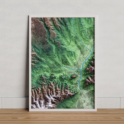 Mapa artístico del relieve de Ripollet, al Vallès Occidental, con 15 km de entorno y base topográfica ICGC. Presentación enmarcada.