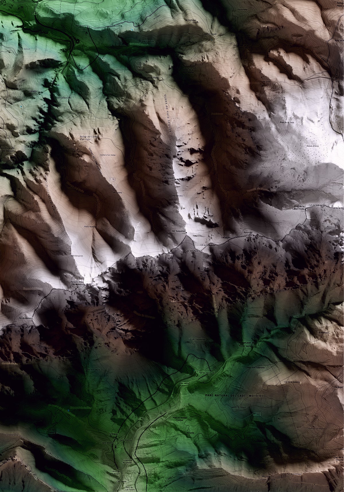 Mapa artístico del relieve de Riu de Cerdanya, a la Cerdanya, con 15 km de entorno y base topográfica ICGC. Detalle de la zona inferior derecha.