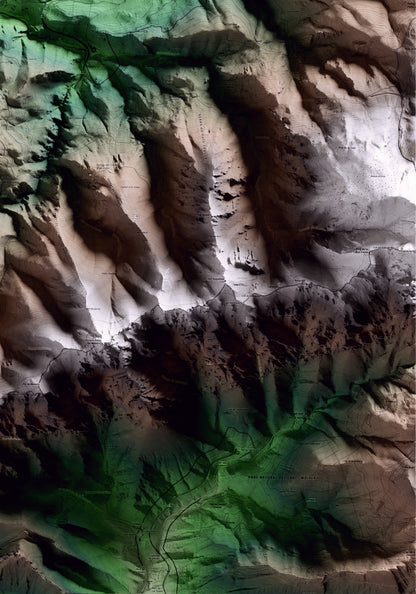 Mapa artístico del relieve de Riu de Cerdanya, a la Cerdanya, con 15 km de entorno y base topográfica ICGC. Detalle de la zona inferior derecha.