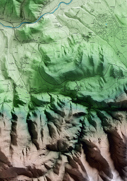 Mapa artístico del relieve de Riu de Cerdanya, a la Cerdanya, con 15 km de entorno y base topográfica ICGC. Detalle de la zona central.