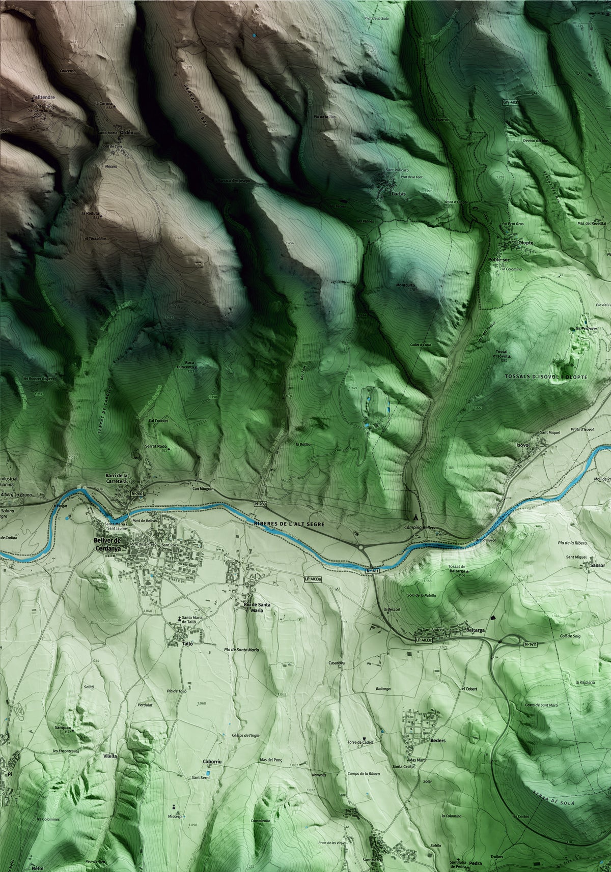 Mapa artístico del relieve de Riu de Cerdanya, a la Cerdanya, con 15 km de entorno y base topográfica ICGC. Detalle de la zona superior izquierda.