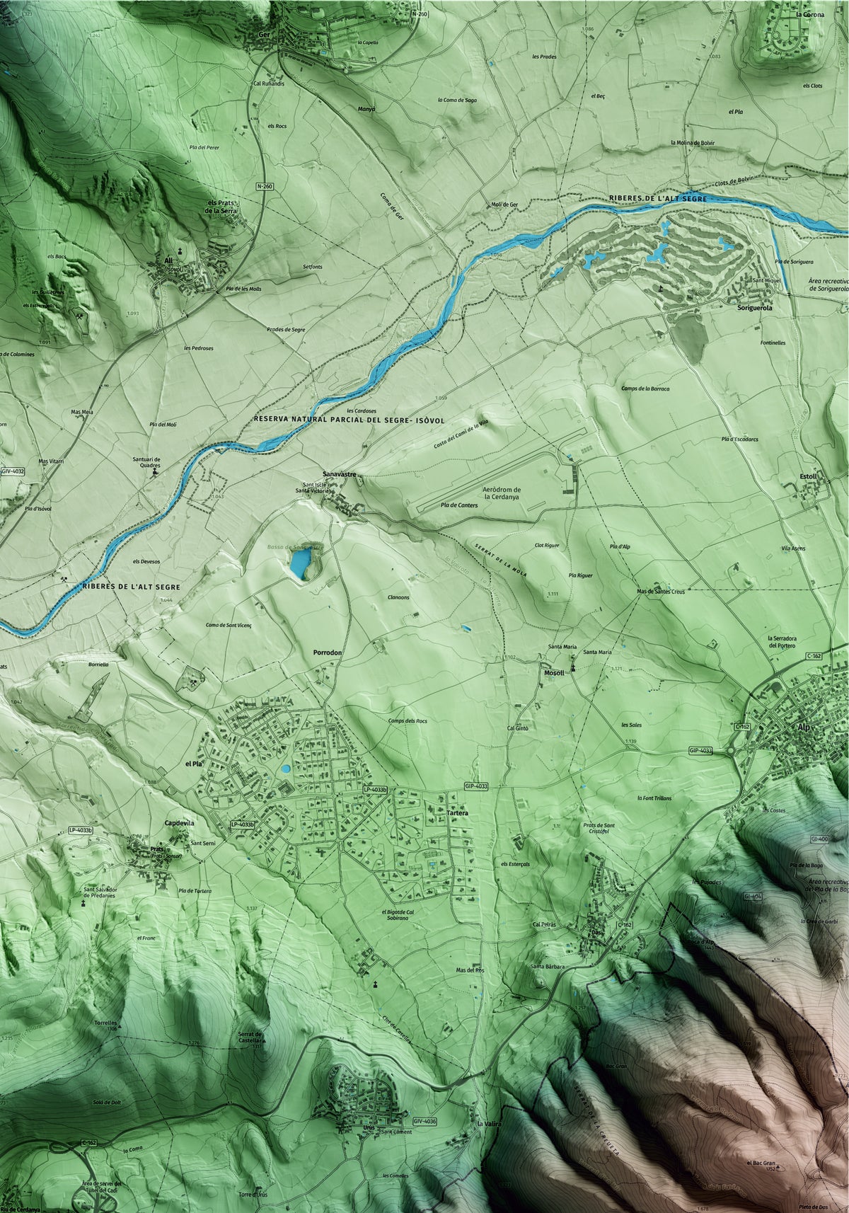 Mapa artístico del relieve de Riu de Cerdanya, a la Cerdanya, con 15 km de entorno y base topográfica ICGC. Detalle de la zona superior derecha.