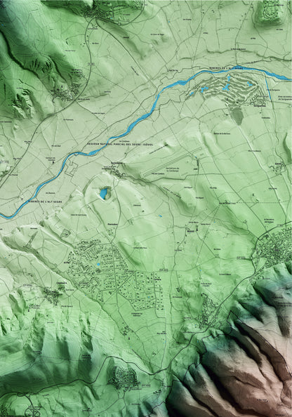 Mapa artístico del relieve de Riu de Cerdanya, a la Cerdanya, con 15 km de entorno y base topográfica ICGC. Detalle de la zona superior derecha.