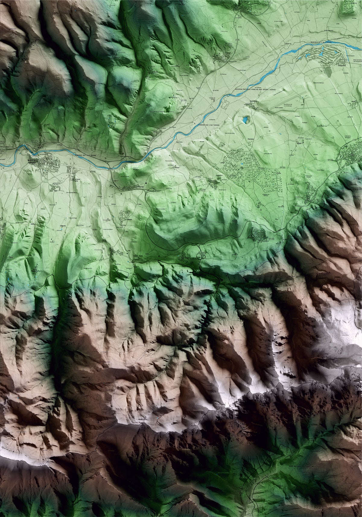 Mapa artístico del relieve de Riu de Cerdanya, a la Cerdanya, con 15 km de entorno y base topográfica ICGC
